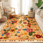 Floral 4x6 Area Rug Machine Washable Soft Print Boho Carpet Non Slip Doormat Low Pile Flower Area Rugs for Living Room Bedroom Nursery Kitchen Dining Room Indoor-Yellow/Orange