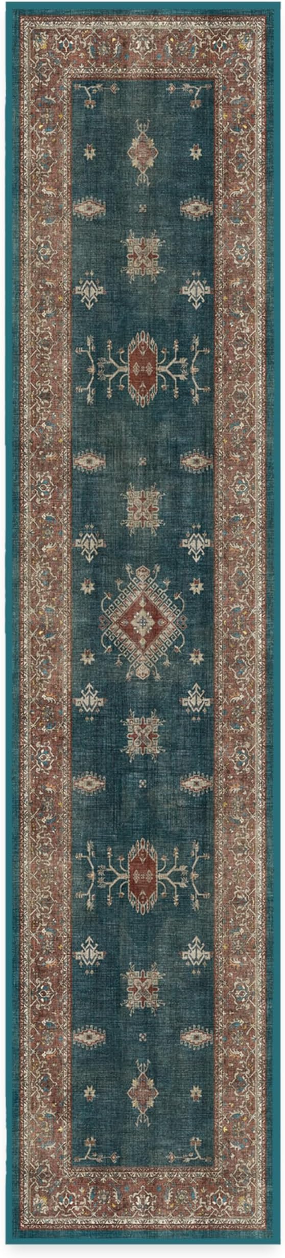 RUGGABLE Washable Vintage Runner Rug – Verena Teal Blue 2.5x12, Stain-Resistant, Non-Slip Hallway Runner – Machine Washable Rug for Hallway, Entryway, Living Room & Kitchen–with Standard Pad