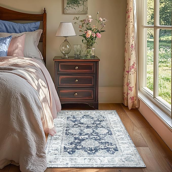 jinchan Fiora Floral 3x5 Area Rugs for Entryway - Machine Washable Taupe Vintage Distressed Design Doormat Non-Slip Ultra-Thin Low Pile Boho Rug for Kitchen Living Room Farmhouse (3‘x5', Dark Blue)