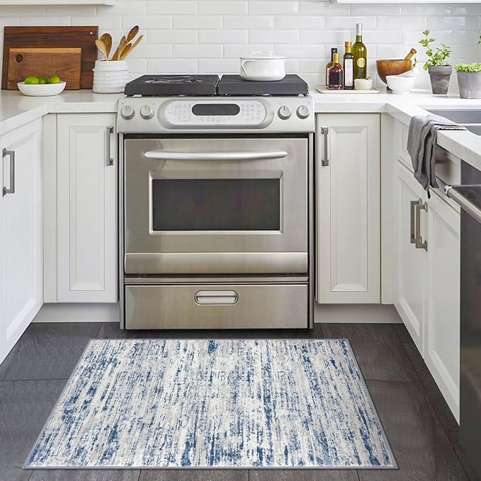 Modern Abstract Entryway Rug Indoor 2x3 Washable Rug Non-Slip Soft Small Area Rug Blue White Kitchen Mats Thin Print Faux Wool Floor Carpet Throw Rugs for Entrance Bedroom Office Home Decor