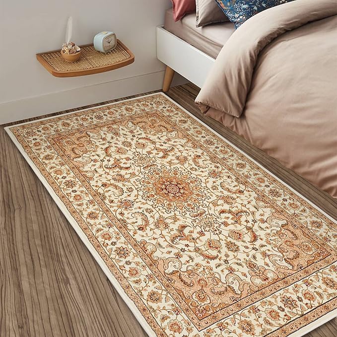 COMSLE Boho Area Rug, 3' x 5' Machine Washable Rugs for Entryway Faux Wool Large Rugs Distressed Throw Rug Non-Slip Floor Carpet for Indoor Bedroom Kitchen Living Room Cream/Beige-2