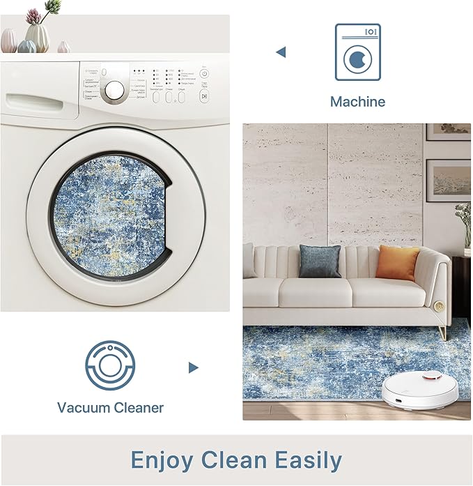 Bavni 8x10 Area Rugs Machine Washable Rug for Living Room, Modern Printed Rug Indoor Soft Area Rug for Bedroom Dining Room, Ultra-Thin Low Pile Carpet with Non Slip Rubber Backing, Denim Blue