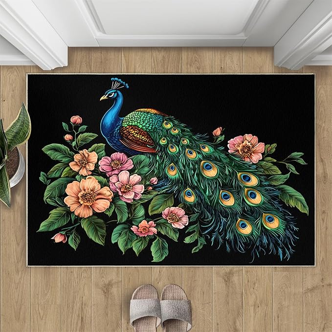 Peacock Peony Rugs for Bedroom - 3x4 Rug, Classic Peacock Peony Area Rugs for Living Room, Teal Turquoise Carpet, Floral Plant Washable Area Mat, Aesthetics Carpet - Peafowl Home Decor & Gifts