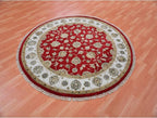 Exotic Red Hand Knotted All Over Leaf Pattern Wool and Silk Rajasthan Design Round Rug (6'x6')