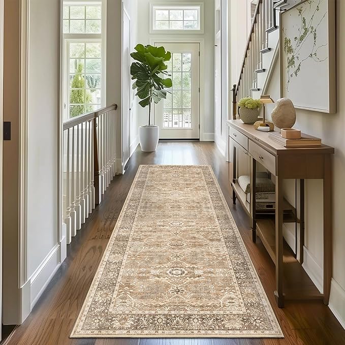 2x6 Beige Vintage Washable Runner Rugs for Hallway Kitchen Boho Hallway Rug Low Pile Non-Slip Retro Distressed Accent Throw Rug for Entryway Bathroom Bedroom Beige