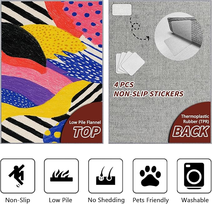 Pop Art Living Room Rug - Colorful Abstract Color Block Rug, 7x9 Area Rugs, Hippie Aesthetic Funky Washable Foldable Large Carpet Home Decor #C011