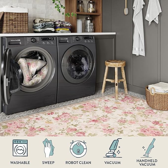 Lahome Floral Runners for Hallways Non Slip, 2x6 Washable Kitchen Runner Rug, Soft Boho Throw Carpet for ‎Girls Bedside Bedroom Laundry Bathroom Beige/Pink/Multi