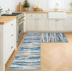 Modern Abstract Kitchen Rug Set of 2, 2x3 and 2x6 Blue Washable Rug Runner Non Slip Kitchen Mat, Soft Faux Wool Throw Carpet for Entryway, Hallway, Bedroom, Bedside, Laundry Room, Office