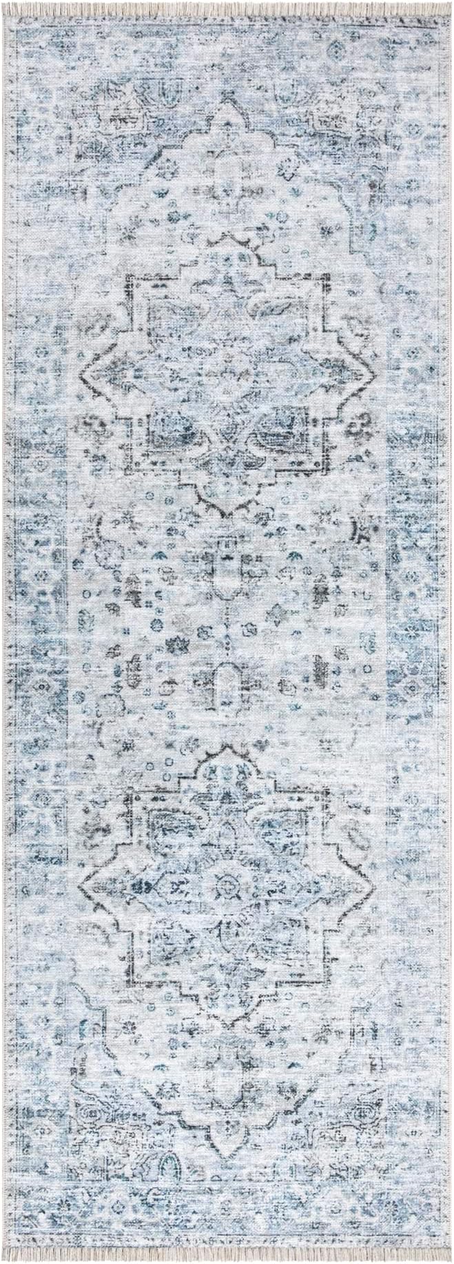 Bloom Rugs Caria Washable Non-Slip 7 ft Runner - Ivory/Blue/Gray Traditional Runner for Entryway, Hallway, Bathroom, and Kitchen - Exact Size: 2'6" x 7'