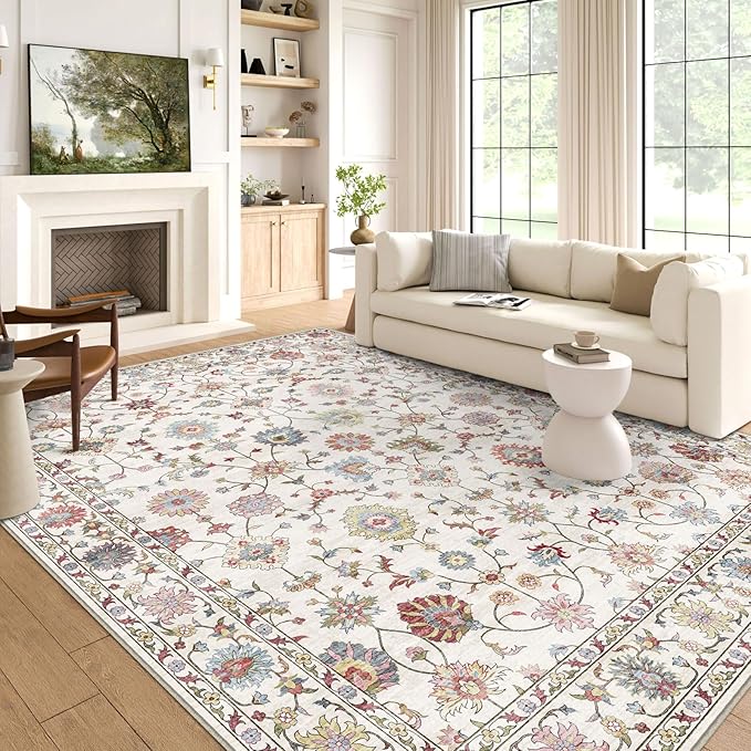 Washable Area Rug 5x7 - Boho Living Room Rug Soft Farmhouse Bedroom Rug Ultra-Thin Cream Colorful Vintage Traditional Floral Dining Room Rugs for Under Table Indoor Carpet for Living Room