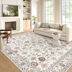 Washable Area Rug 5x8 - Boho Living Room Rug Soft Farmhouse Bedroom Rug Ultra-Thin Cream Colorful Vintage Traditional Floral Dining Room Rugs for Under Table Indoor Carpet for Living Room
