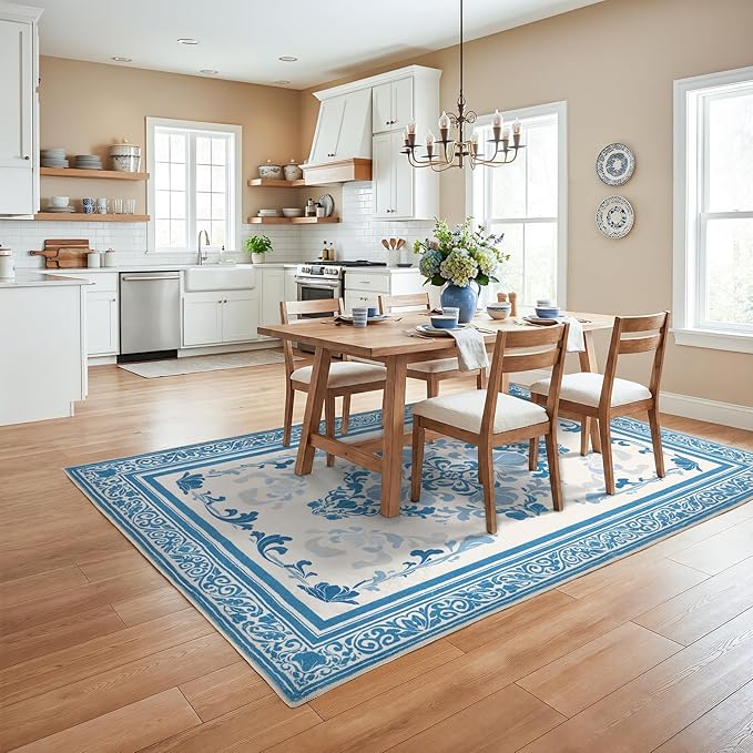 SOULFUL Medium Pile 4x6 Rugs for Living Room - Soft Foot Feel Area Rug - Blue Boho Floral - Washable Non-Slip - Perfect for Bedroom Kids Room Under Dining Table Office