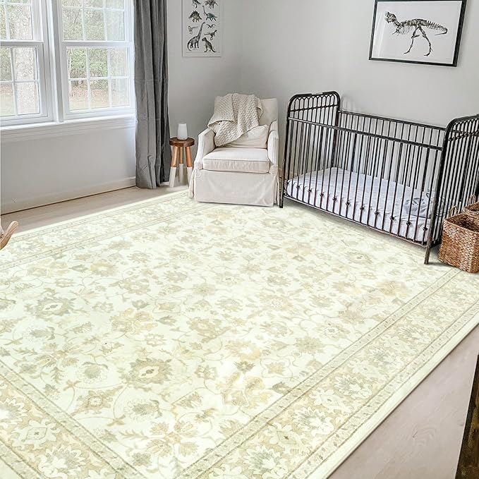 LIVEBOX Washable Area Rug 8x10 - Large Beige Boho Living Room Rug Vintage Rugs for Bedroom, Non-Slip Retro Floral Carpet Print Distressed Accent Rugs for Dining Room Home Office
