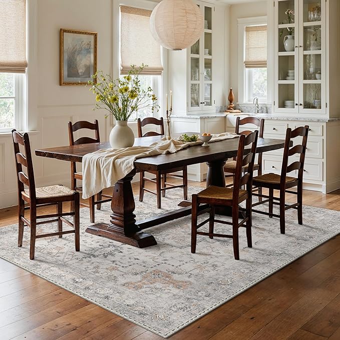 Bavni Washable Rug 6x9 Area Rug for Living Room Bedroom Dining, Washable Vintage Print Carpet, Ultra-Thin Low Pile Lightweight Rug with Non Slip Backing, Light Taupe Brown