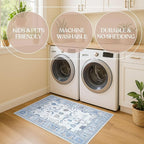 Fame Living Cream Blue Oushak Runner Rug, Modern Runners, Vintage, Turkish, Eclectic, Floral, Pastel, Washable, Long Runner Rugs for Hallway, Kitchen, Living Room, Bedroom, Kitchen, Bathroom, 2'5"x13'
