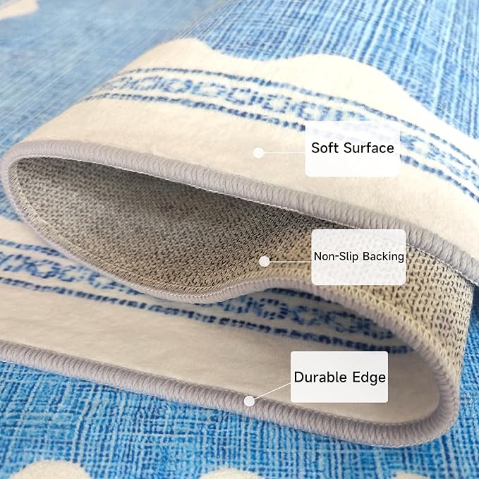 Scalloped Rug 5x7 Solid Blue Washable Non-Slip Rug for Living Room Modern Aesthetic Rugs for Bedroom Kitchen Dining Indoor Entry Entrance Floor