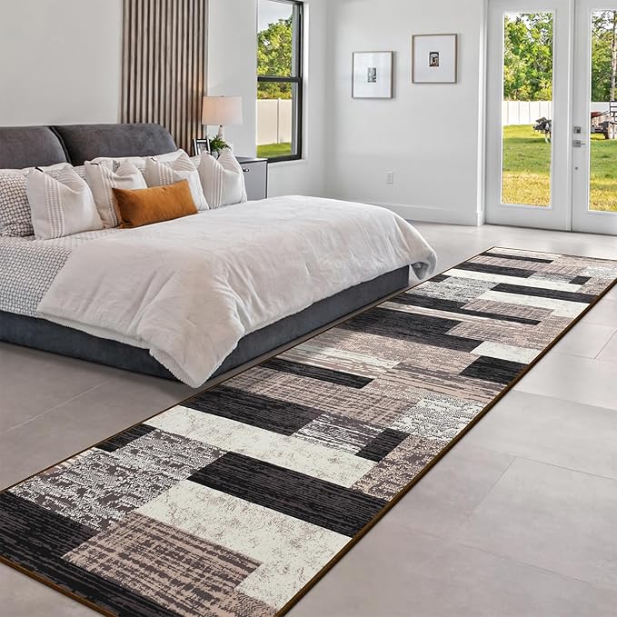 Indoor Runner Rug, Washable Runner Rug with Rubber Backing, Modern Geometric Patchwork Aesthetic Carpet for Bedroom, Living Room, Hallway, Entryway,Washable Rugs Rockwood Collection,2.7x10Ft Chocolate