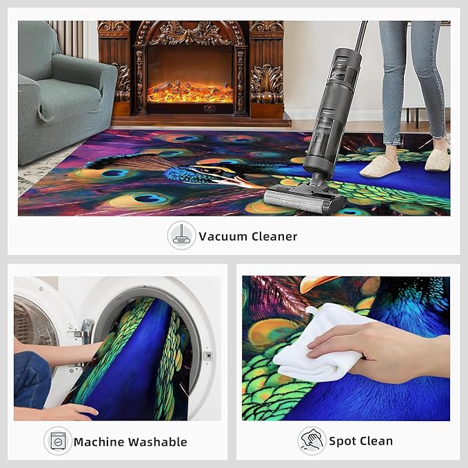 Peacock Rugs for Bedroom - 4x5 Area Rug - Watercolor Peacock Rugs for Living Room, Abstract 3D Animal Rug, Non-Slip Washable Home Decor Carpet