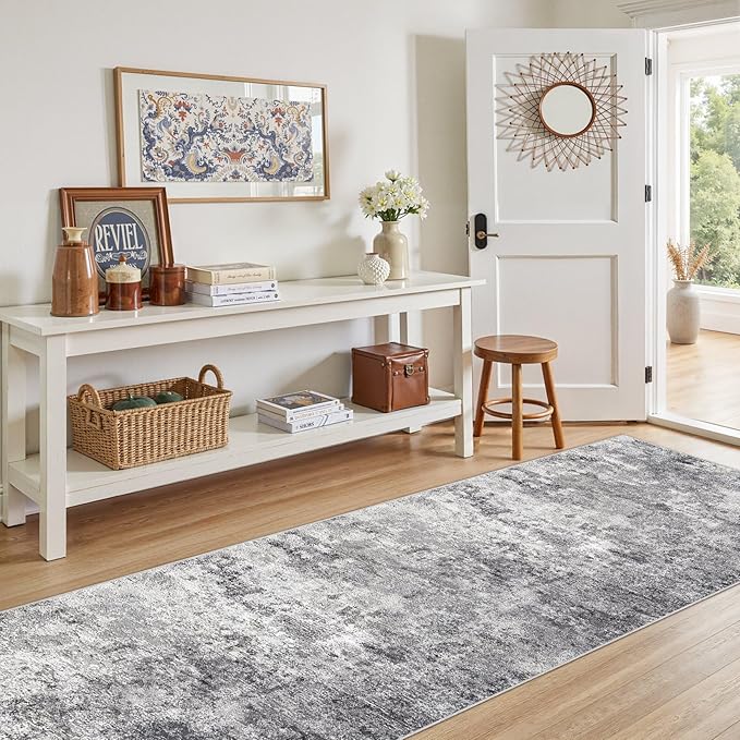 3X8 Washable Runner Rug for Hallway: Soft Neutral Modern Abstract Area Rug - Non-Slip Low Pile Long Throw Indoor Carpet for Kitchen Entryway Kitchen Bedroom Laundry Bathroom - Grey