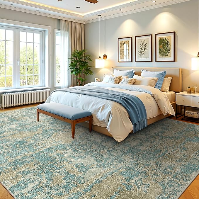 WITSHOCK Living Room Area Rugs 10x12：Modern Abstract Machine Washable Large Rug for Bedroom Dining Room Non-Slip Stain Resistant Home Office Decor,Teal Brown