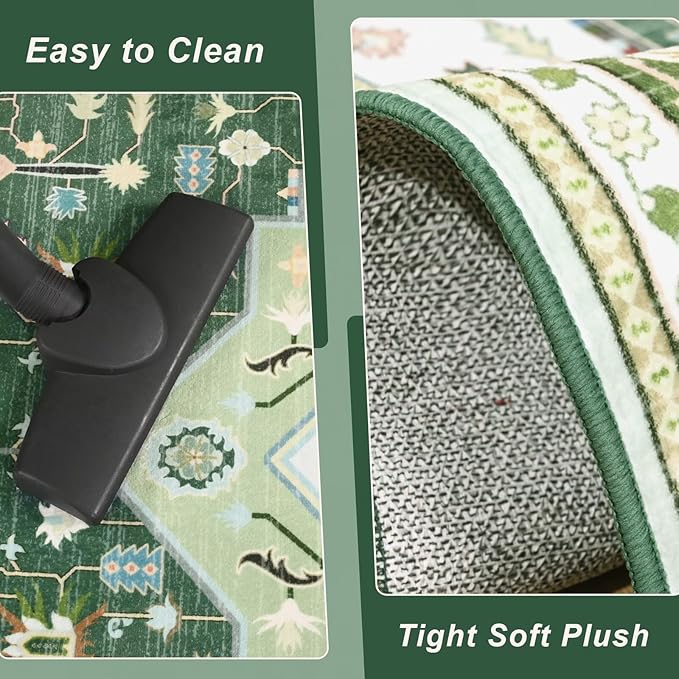 4x6 Green White Area Rug for Living Room, Machine Washable Rugs with Non-Slip Backing for Bedroom, Vintage Medallion Carpet Kitchen Laundry Kids Room Decor