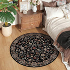 Rugcomf Vintage Paisley Round Rug 4ft - Machine Washable Area Rug, Non-Slip Low Pile Floral Carpet for Entryway, Living Room, Bedroom, Dining Room, Kids, Bathroom, Office - Black