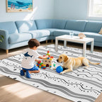 Modern Gray Lines Washable Living Room Area Rug, Low Profile Abstract Pattern, Non-Slip Backing Carpet for Kitchen, Bedroom, Dining Room