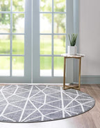 Rugs.com Lattice Trellis Collection Rug – 8 Ft Round Gray Low-Pile Rug Perfect for Kitchens, Dining Rooms