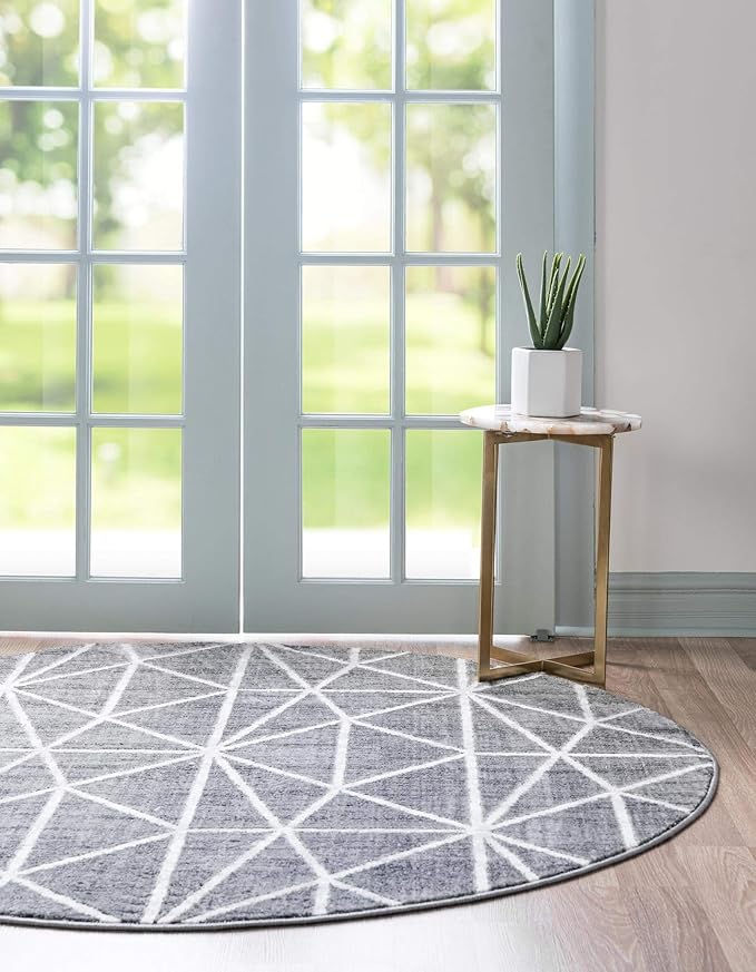 Rugs.com Lattice Trellis Collection Rug – 5 Ft Round Gray Low-Pile Rug Perfect for Kitchens, Dining Rooms