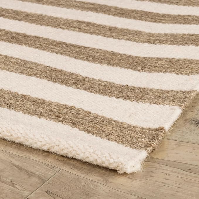 Home Conservatory Ladder Stripe Natural/Ivory Handwoven Wool 6 X 9 Feet, Ivory/Multicolored Stripe Pattern