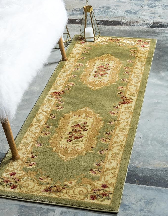 Rugs.com Chateau Collection Rug – 2' x 5' 3 Runner Green Medium Rug Perfect for Hallways, Entryways