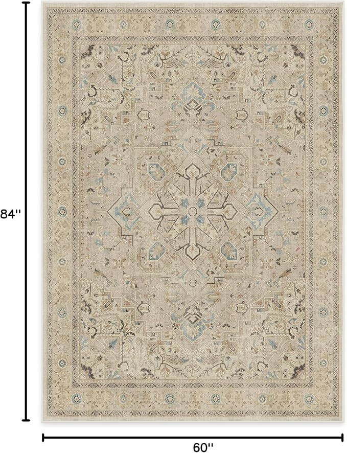 RUGGABLE Washable Vintage Area Rug – Kamran Ivory Opal 5x7, Stain-Resistant, Non-Slip – Medium Machine Washable Rugs for Living Room, Bedroom, Hallway, Entryway & Office–with Cushioned Pad