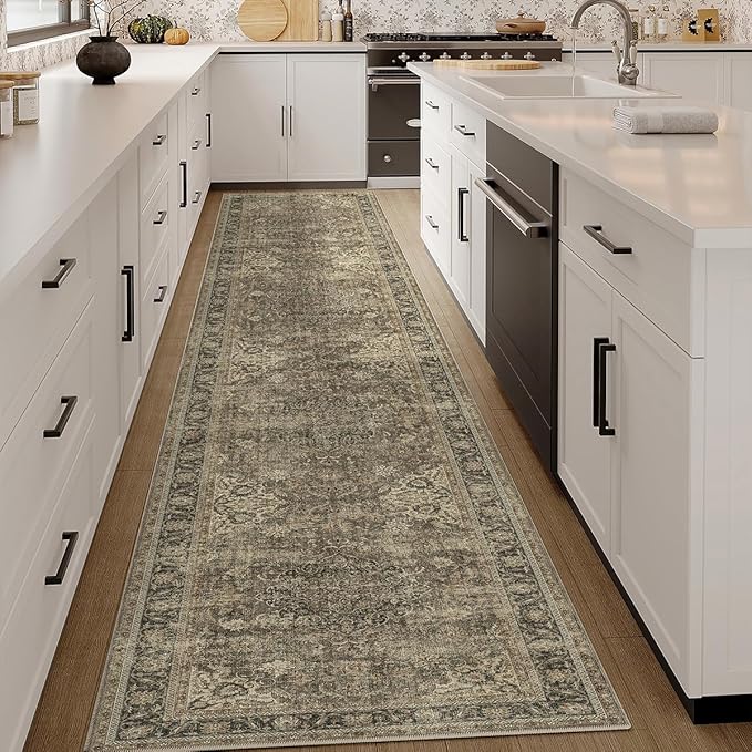 3x12 Washable Brown Runner Rug Vintage Hallway Kitchen Carpet Non-Slip Soft Low Pile Distressed Throw Rug for Bedroom Bathroom Laundry Living Room