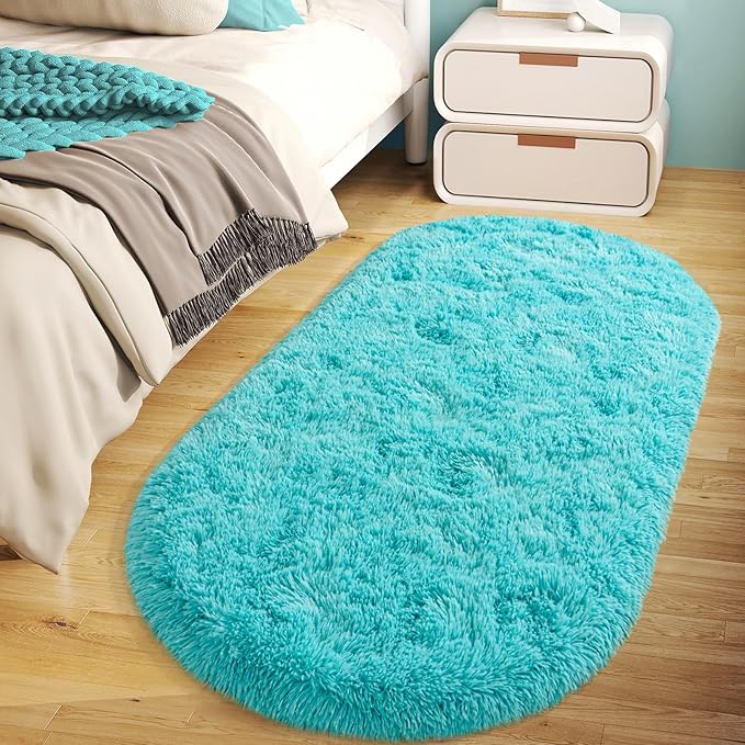 Soft Fluffy Area Rug for Bedroom, Teal Blue Fuzzy Shaggy Oval Throw Rugs for Bedside, Non-Slip Cozy Plush Shag Carpet for Kids Room Nursery Dorm Living Room, 2.6 x 5.3 Feet