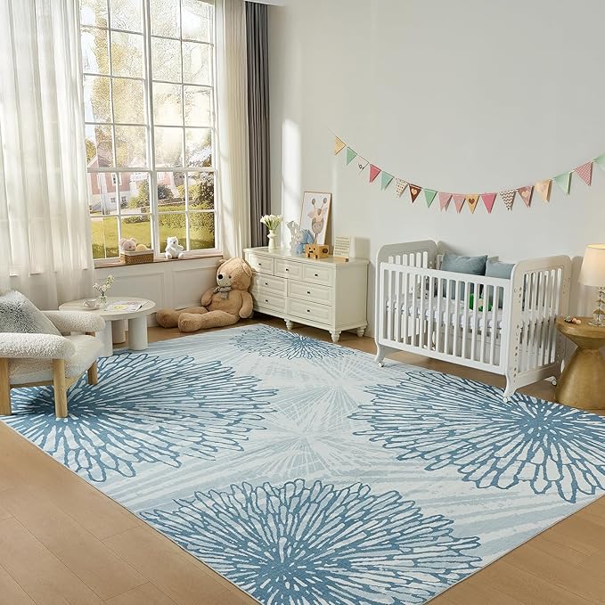 WITSHOCK 10x12 Washable Rug for Living Room,Modern Floral Distress Print Pattern Area Rugs,Stain Resistant with Non Slip Backing Carpet for Dining Room,Bedroom & Home Decor,Blue/Light Blue