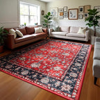 Area Rug for Living Room, 8x10 Machine Washable Non Slip Large Faux Wool Throw Rug, 0.3″ Low Pile & Non-Shedding Boho Large Carpet Rugs for for Dining Room, Bedroom, Office (Black Red)