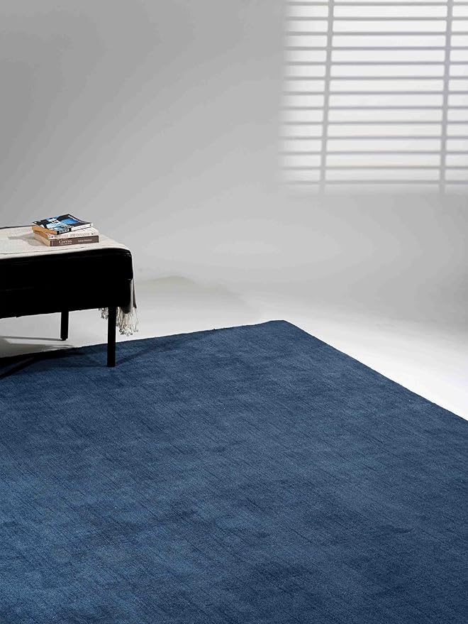 Hand Knotted Loom Wool ECO-Friendly Area Rugs - 8'x11', Rectangle, Blue Color, Solid Plain Design, High Pile Handmade Anti Skid Area Rugs for Living Room, Bed Room (L00111)