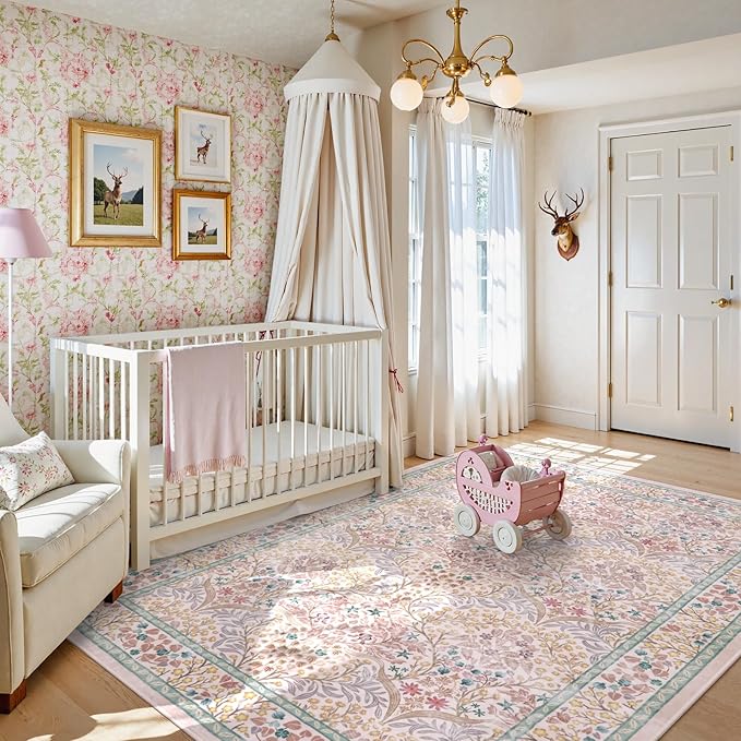 Lahome Floral Washable Area Rugs 5x7, Soft Pink Rugs for Living Room Bedroom, Boho Non Slip Low Pile Forest Stain Resistance Large Throw Carpet for Farmhouse Dining Room Office, Pink