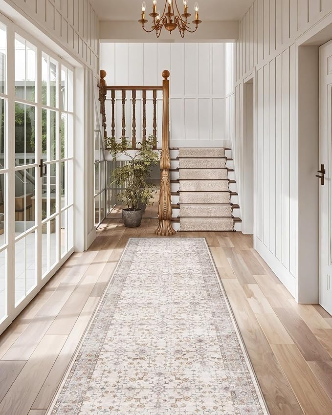 LUMI Runner Rug 3x7, Washable Non-Slip Hallway Throw Rugs, Long Soft Thin Vintage Oriental Kitchen Mats, Low-Pile Indoor Kitchen Entryway Area Rug, Beige