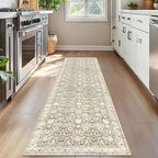 Vintage Floral 2x7 Runner Rug, Beige Tan White Washable Kitchen Runner Rug Non-Slip Hallway Rug Runner Super Soft Thin Printed Faux Wool Carpet for Entryway Bedroom Laundry Room Indoor