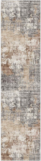 Washable Runner Rug for Hallway: 2.6x10 Neutral Modern Abstract Low Pile Area Rug with Non-Slip Backing - Carpet for Bedroom Kitchen Laundry Entryway Bathroom Indoor - Grey Brown