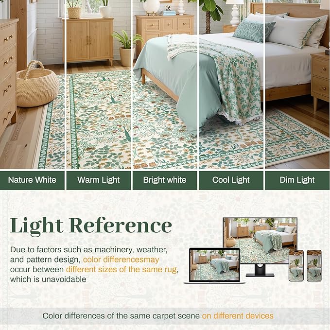 6x9 Area Rugs Living Room Rug - Floral Vintage Morris-Inspired Washable Carpet, Low Pile Non-Shedding Stain Resistance Boho Soft Carpet for Bedroom, Dining Room, Office, Farmhouse (6'x9' Beige Green)