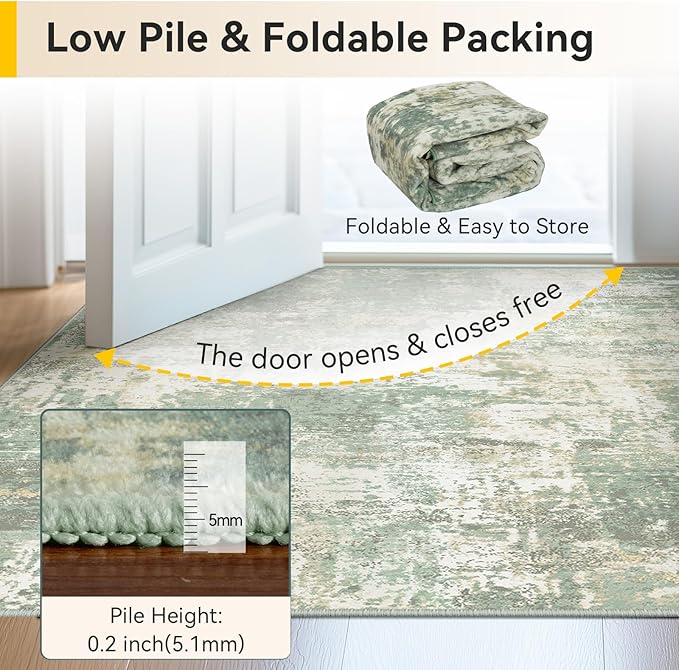 Washable Area Rugs 2'x3' Non-Slip Modern Abstract Soft for Living Room Entryway Bedroom Nursery, Print Pattern, Light Green/Yellow