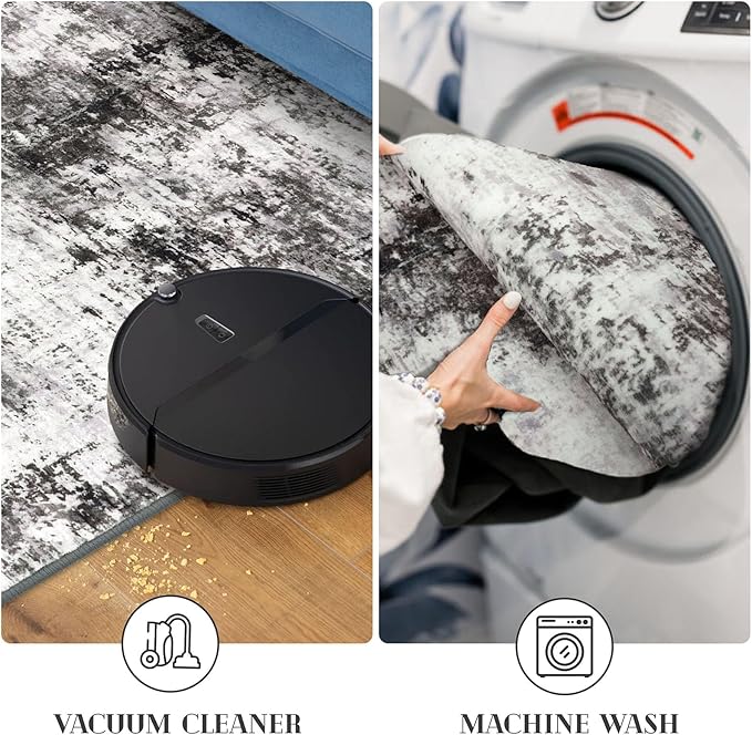 Modern Abstract Runner Rug 2x6, Black Grey Washable Kitchen Runner Non-Slip Soft Hallway Rug Runner Thin Print Faux Wool Carpet for Entryway Bedroom Laundry Room Indoor Home Decor