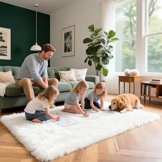 3x5 Solid Fluffy White Area Rug – Washable, Durable, Living Room Rug, Non-Slip High Pile Shag Rugs for Bedroom, Living Room, Bedside, Dorms, Nursery Rooms, Kids Room, Soft Indoor Floor Carpet