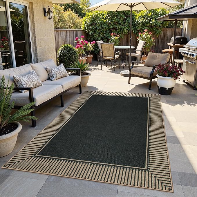 Moynesa Striped Border Easy Jute Outdoor Rug 8x10, Washable Indoor Outdoor Patio Area Rugs for Living Room Non Slip, Modern Classic Farmhouse Carpet for Dining Room Table, Black
