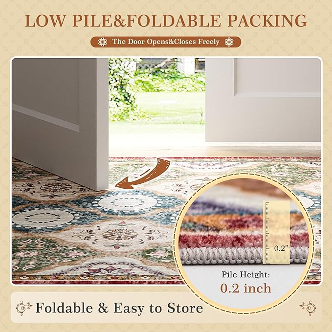 EnHomee Area Rugs 5x7, Soft Washable Rugs for Living Room Bedroom, Boho Non Slip Low Pile Stain Resistant Washable Rug Large Carpet for Dining Room,Easy to Clean Living Room Rug, Red & Green