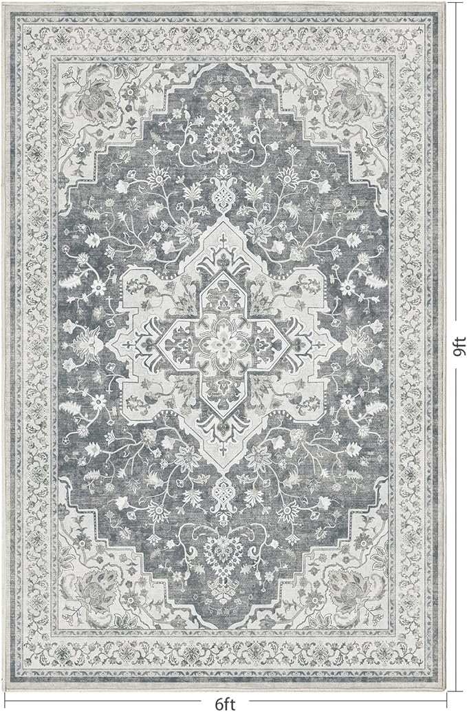 Marsail 6x9 Machine Washable Area Rug, Soft & Slip-Resistant Large Area Rug with Reinforced Bound Edges, Vintage Short-Pile Washable Rug with Floral Pattern for Living Room, Dinning Room and Bedroom