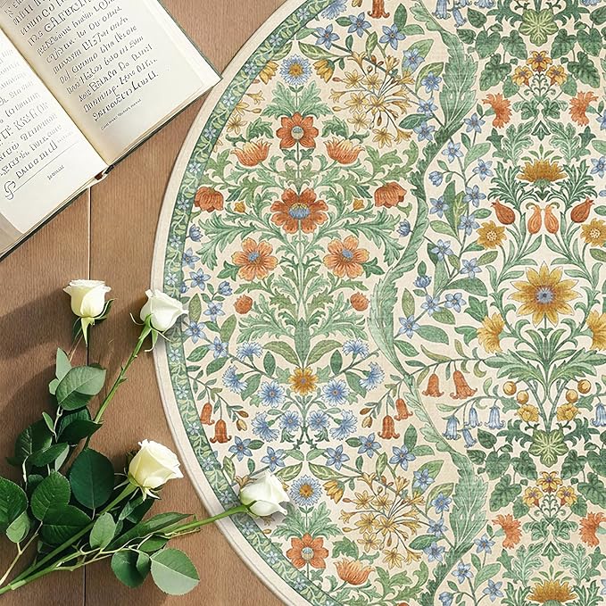 Round Rug 4ft Grass Green Washable Floral Circle Rug,Vintage Boho Botanical Round Area Rugs, Non-Slip Soft Low-Pile Circular Carpet for Bedroom,Kids Room,College Dorm,Home Decor