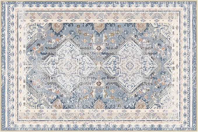 Phantoscope Washable Area Rug 4'x6' Non-Slip, Vintage Neutral Rugs for Living Room, Bedroom, Dining Room, Distressed Boho Geometric Medallion Pattern, Low-Pile Foldable Floor Carpet, Dusty Blue/Multi